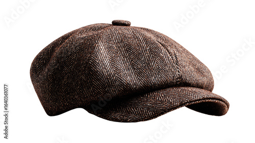 Brown Herringbone Newsboy Cap on Transparent Background, PNG