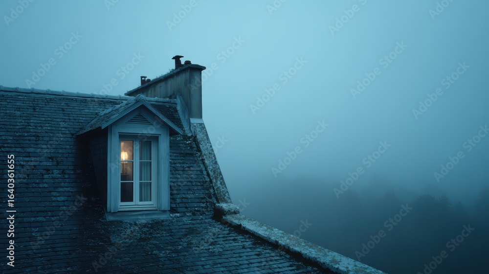 Fototapeta premium Cozy Attic Window Illuminated in Misty Twilight Landscape
