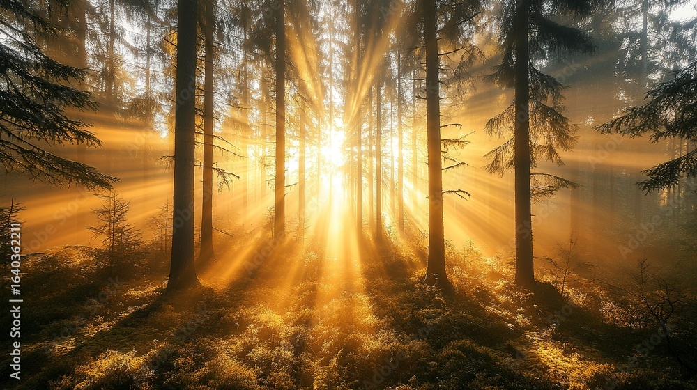 Obraz premium A forest covered in morning mist, with golden rays of sunlight filtering through tall trees, creating a peaceful and magical scene. Real photo, stock photography.