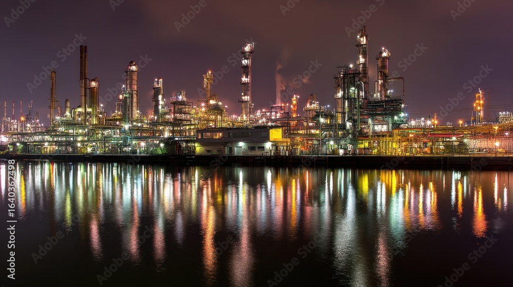 Night Refinery Reflection, Industrial Complex, Water, Cityscape, Energy Production Night Refinery Reflection, Industrial Complex, Water, Cityscape, Energy Production