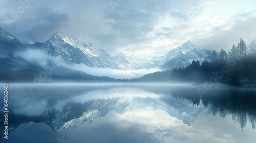 Wallpaper Mural A misty lake reflecting the snow-capped peaks of a mountain range, with a mysterious and ethereal atmosphere, real photo, stock photography Torontodigital.ca