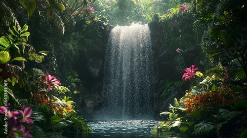 A powerful waterfall plunging into a deep pool, surrounded by lush, tropical foliage and vibrant flowers, real photo, stock photography
