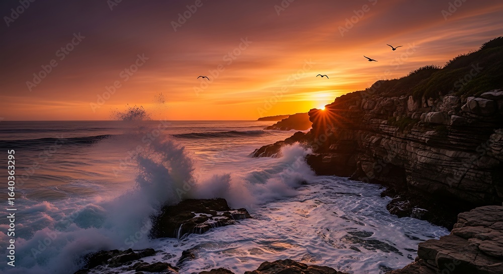 Fototapeta premium A coastal cliff at sunset, with waves crashing on rocks and seagulls flying. The sky is orange and purple.