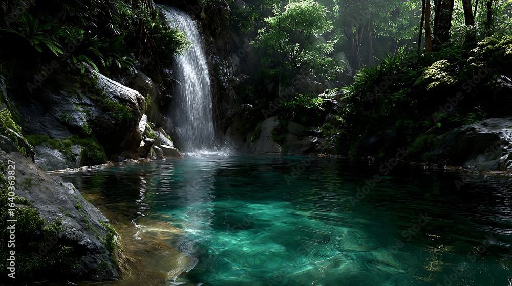 Fototapeta premium A waterfall in a dense forest, with crystal-clear water falling into a moss-surrounded lake. Sunlight filters through the trees. 