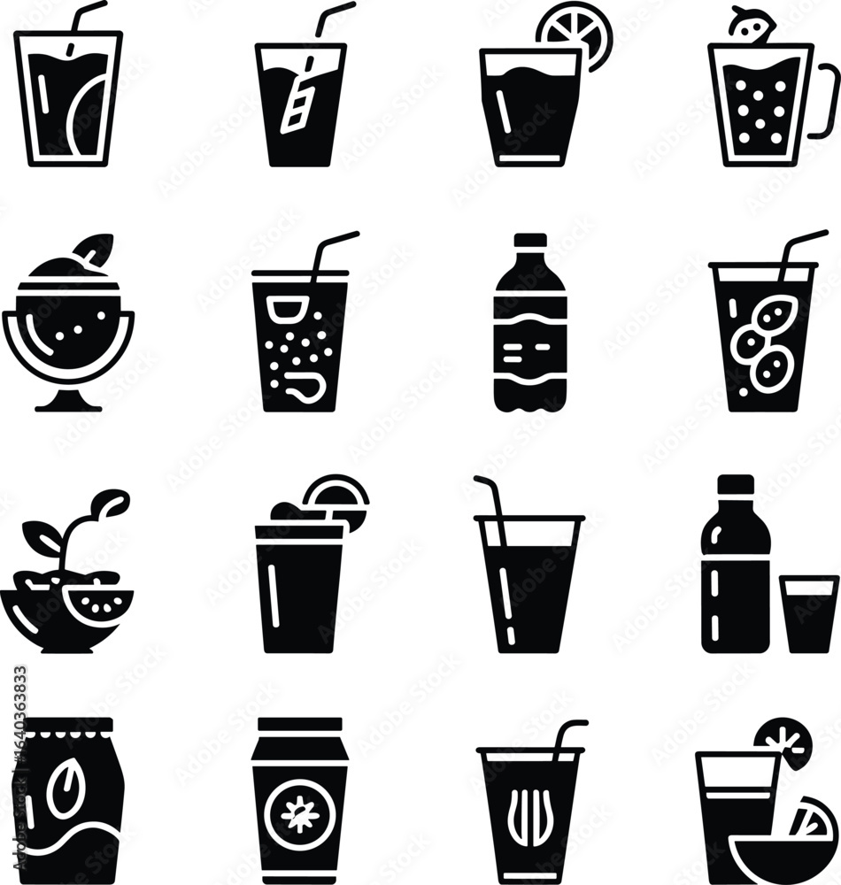 Isolated black icons show refreshing beverages and snacks on the white background are transparent Isolated black icons show refreshing beverages and snacks on the white background are transparent
