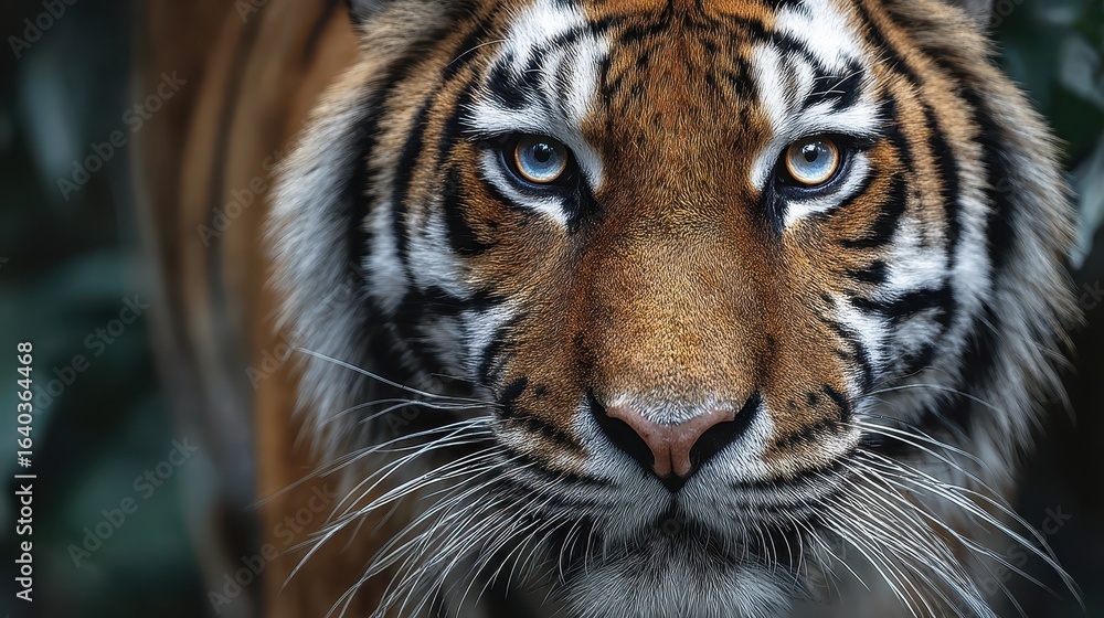Fototapeta premium Close up of a beautiful Sumatran tiger face with striking blue eyes. Showcase wildlife, conservation, and powerful beauty of nature.