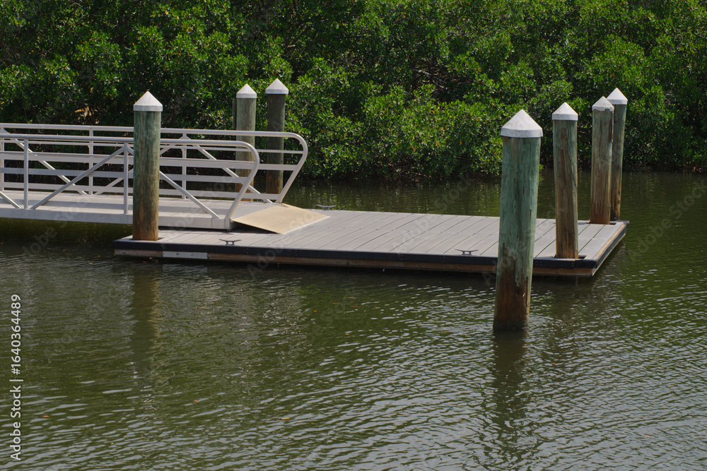 Obraz premium Wooden Dock by Calm Water Surrounded by Green Mangrove Trees. Serene wooden dock extending into still greenish water, backed by lush mangrove foliage. The quiet environment provides a peaceful spot fo