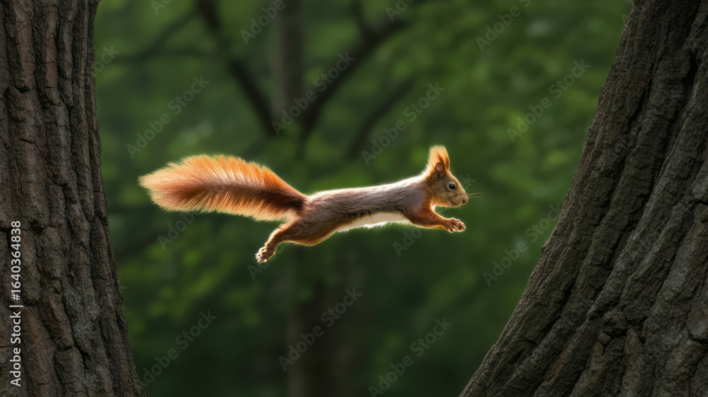 Fototapeta premium Squirrel jumping between two tree trunks in forest with blurred green background