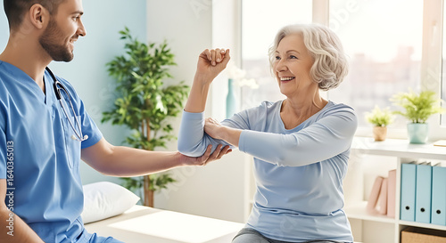 A smiling senior woman receiving elbow examination from a male doctor in a medical office setting