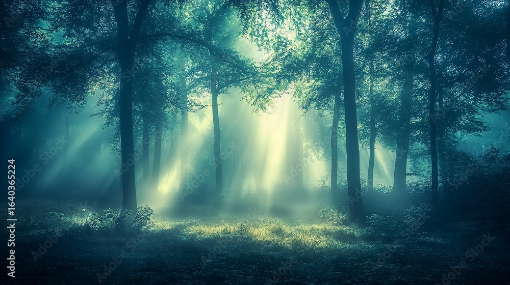 Obraz premium Rays of sunlight streaming through the trees of a misty forest, creating an ethereal and tranquil mood in the early morning. Real photo, stock photography.