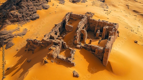 An aerial perspective of a desert landscape with ancient ruins, partially buried by shifting sand dunes, real photo, stock photography