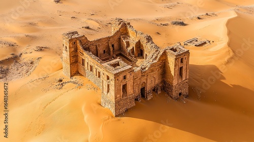 An aerial perspective of a desert landscape with ancient ruins, partially buried by shifting sand dunes, real photo, stock photography