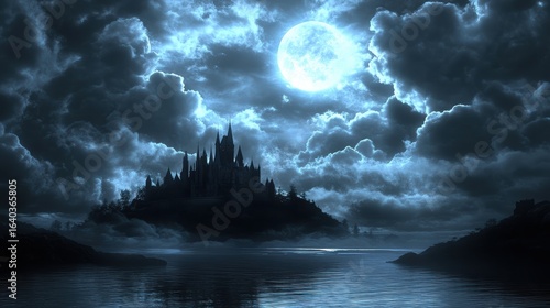 A dark, mystical castle rises from an island under a glowing full moon, surrounded by clouds and reflections on still water.