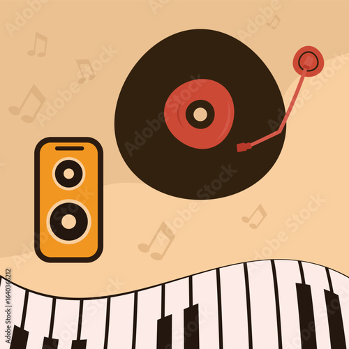 Poster Speaker a record player and piano keys art.
