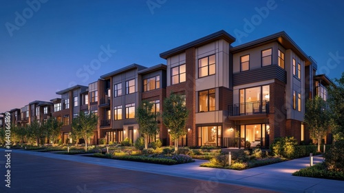 Modern apartment building at dusk