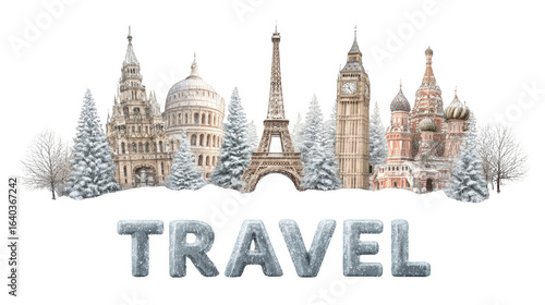 A white background with a large image of a city skyline with the word travel wri
