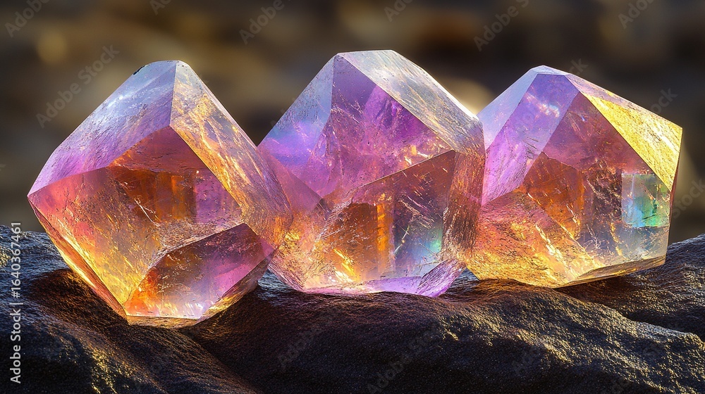 Obraz premium Three iridescent crystals sit on a dark textured surface in soft lighting.