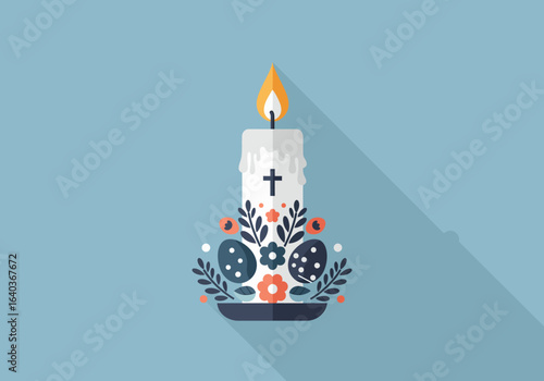 Flat icon of a decorated Easter candle with a cross, eggs, and floral motifs. A concept of Christian holiday celebration and faith.
