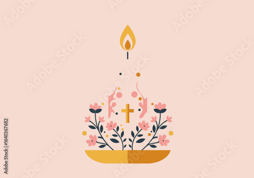 Abstract Christian candle illustration made of flowers with a cross. A conceptual design representing faith, hope, and prayer.