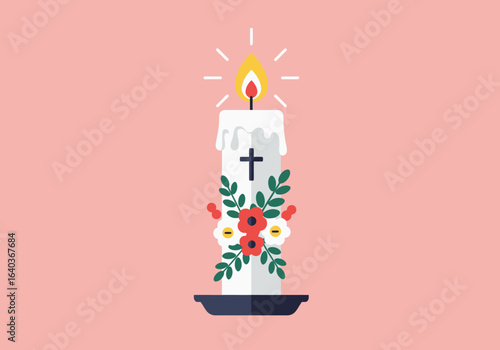A lit white memorial candle decorated with a Christian cross and beautiful flowers. A flat vector illustration symbolizing faith, prayer, and spirituality.