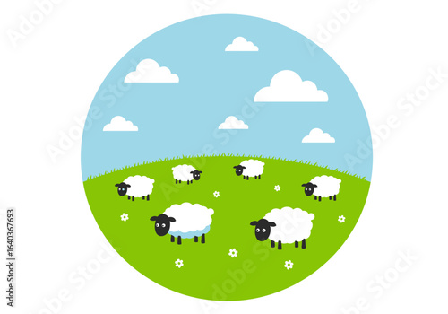 Adorable flock of cartoon sheep grazing on a vibrant green meadow under a blue sky. A simple pastoral farm landscape illustration.