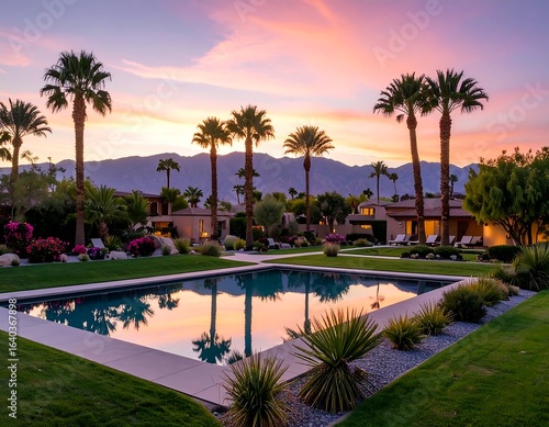 Tranquil Desert Oasis: Poolside Luxury under Pastel Sunset Sky in Palm Springs