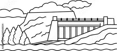 River Dam outline vector illustration, line art