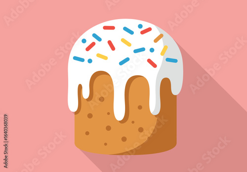 Festive Easter cake with sweet white icing and colorful sprinkles. A flat design concept icon for holiday celebration.