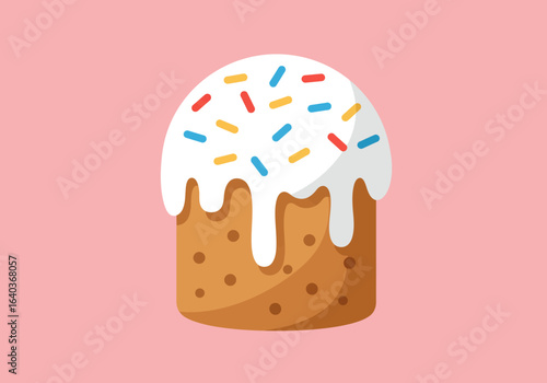 Festive Easter cake with white glaze and colorful sprinkles. Traditional holiday dessert illustration for spring celebration.