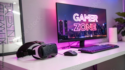Gaming setup with computer, vr headset, keyboard and mouse on a desk