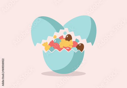 A cracked blue Easter egg filled with colorful candies and chocolate treats, representing a sweet surprise for a holiday celebration.