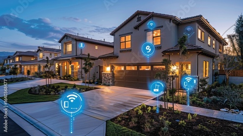 Smart home technology night scene houses
