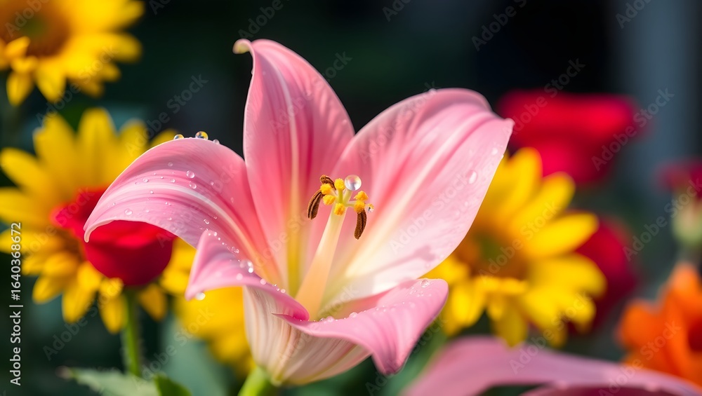 Fototapeta premium Serene Pink Lily in a Vibrant Garden with Dewdrops