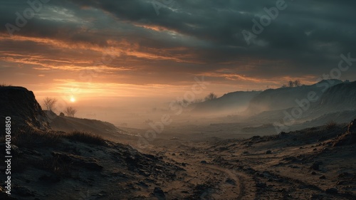 A desolate, abandoned battlefield at dusk, long shadows stretching across broken earth, cinematic wide shot, atmospheric dust.