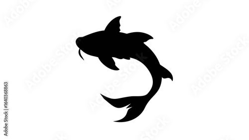 Silhouette of a koi fish swimming upwards with flowing tail and visible barbels, isolated on white background