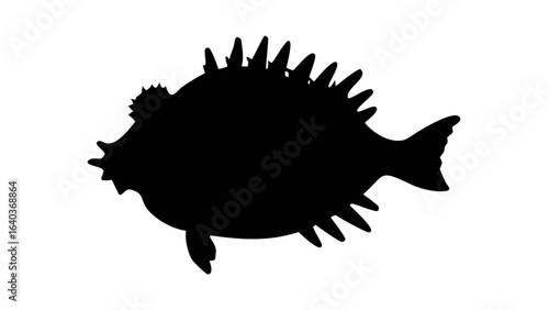 Silhouette of a spiky fish with prominent spines and a distinct tail fin on a white background plain view