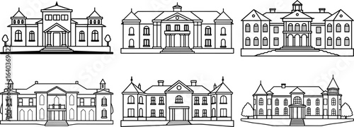 Set of Outline of mansion vector illustration, line art