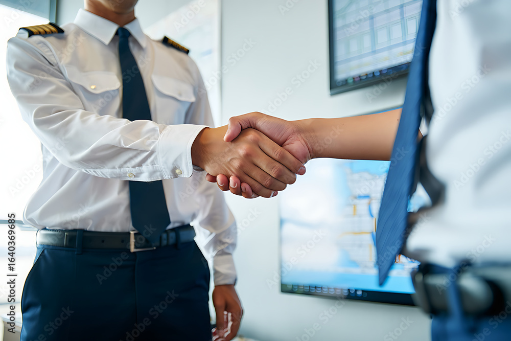 Fototapeta premium Two pilots in uniform shaking hands in agreement