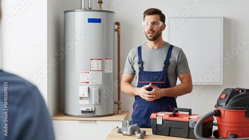 Plumber demonstrates water heater repair with tools in a room suitable for plumbing service websites, repair manuals, and home improvement blogs.