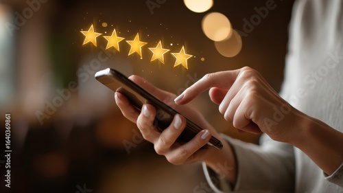 A customer's hand using a smartphone to give a five-star rating, with glowing stars popping out of the screen, soft focus background.