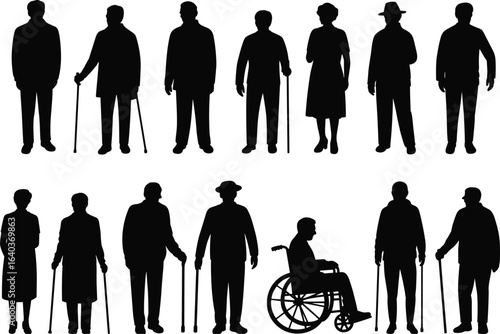 Silhouette of elderly people, men and women with canes, wheelchair user, standing and walking, senior citizens, black outline, isolated vector
