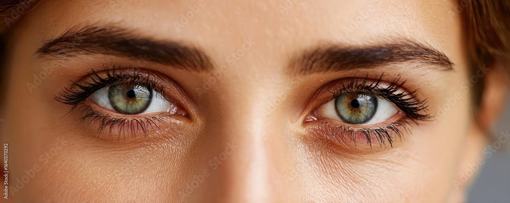 Fototapeta premium Swollen bags under circles and irritation concept. Close-up of captivating green eyes with expressive features.