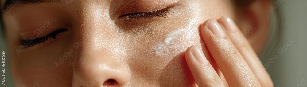 Fototapeta premium Puffy treatment for cold and irritation concept. Woman applying cream to her face, promoting skincare routine.