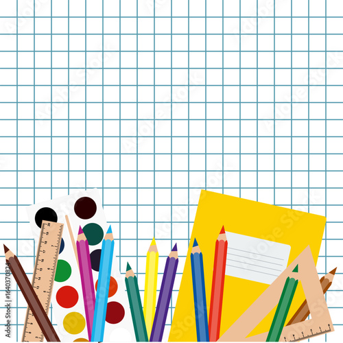 school supplies on chequered paper sheet, social media back to school post template, new academic year or semester poster mockup, education flat style vector frame
