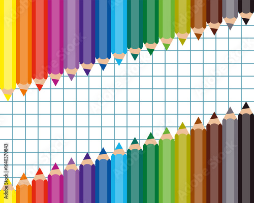 colorful pencils on squared paper sheet, social media back to school post template, new academic year or semester poster mockup, education flat style vector frame