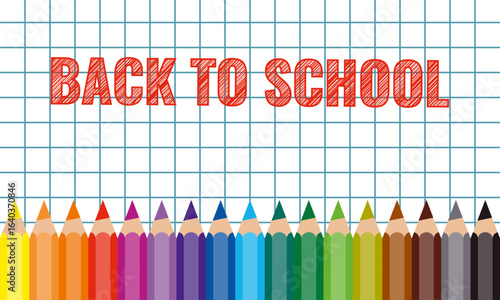 back to school social media post template, colorful pencils horizontal row on white chequered paper sheet, new academic year or semester poster mockup