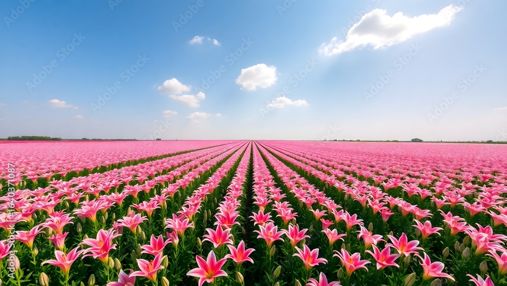 Naklejka premium Stunning expansive panorama of a blooming pink flower field under a bright blue sky, showcasing vibrant rows of blossoms in springtime natural beauty.
