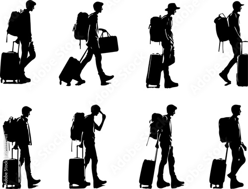 Collection of vector sketches of silhouette illustrations of traveler backpacker adventurers with luggage designs