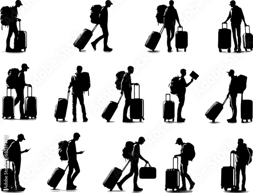 Collection of vector sketches of silhouette illustrations of traveler backpacker adventurers with luggage designs
