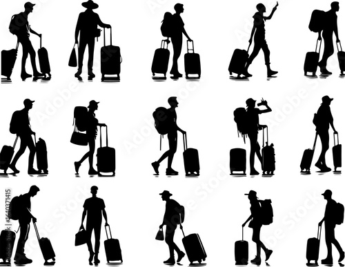 Collection of vector sketches of silhouette illustrations of traveler backpacker adventurers with luggage designs